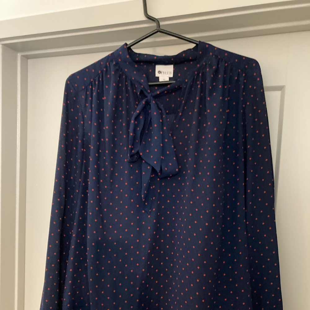 Polka Dot Navy & Red Tie-Neck Blouse
